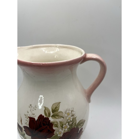 Vintage Ceramic Pitcher Ivory Red Roses Pink Trim 7.25 Inches - Picture 3 of 10